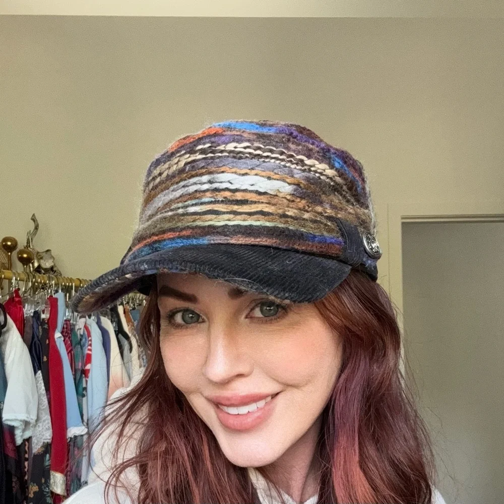 Y2K 2000s Adora Woven Yarn Rainbow Striped Black Corduroy Military Cap Hat